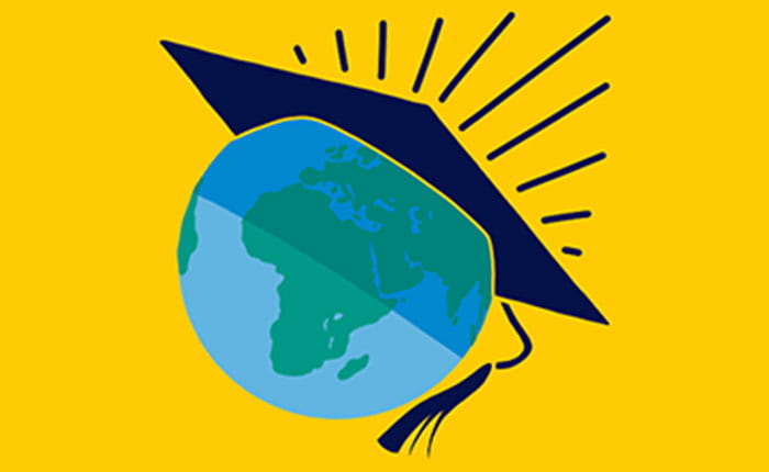 Illustration of a globe wearing a mortar board