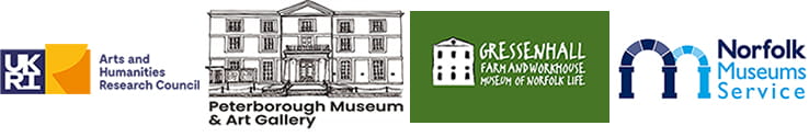 Logos for: Arts and Humanities Research Council (AHRC), Peterborough Museum & Art Gallery, Gressenhall Farm and Workhouse Museum of Norfolk Life; and Norfolk Museums Service
