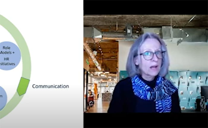 Screenshot of Aletta Norval addressing the camera, with part of a diagram on the left side