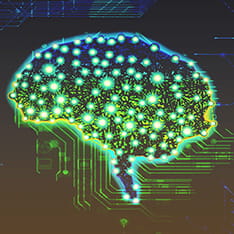 A stylised image of a brain in green, yellow and blue