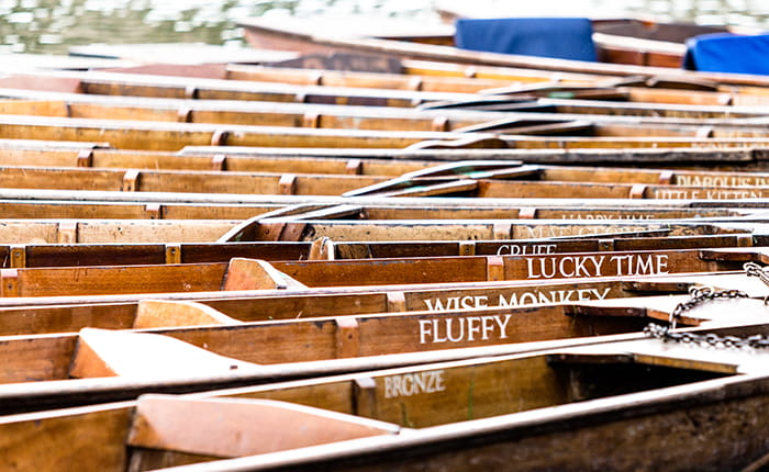 Punts moored on the River Cam