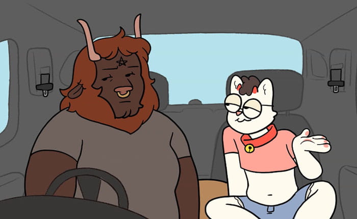 Illustration of two characters - a bull and a cat in human form