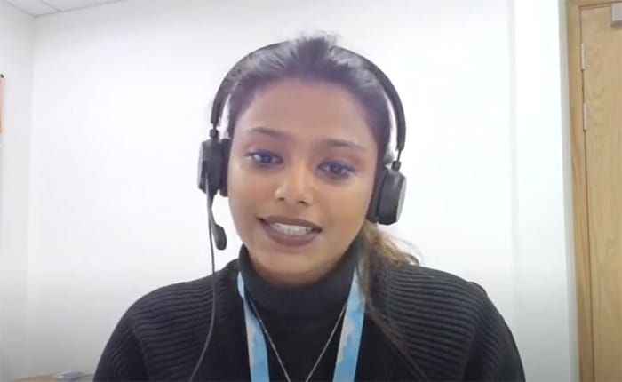 Video still of ARU Students' Union President Cavya Anthony addressing the camera