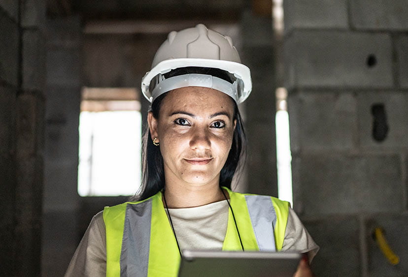 A woman in a hard hat and high viz holding a tablet in a building under construction