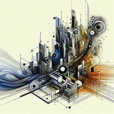 A fantastical abstract image of a set of skyscrapers made from straight lines and circles