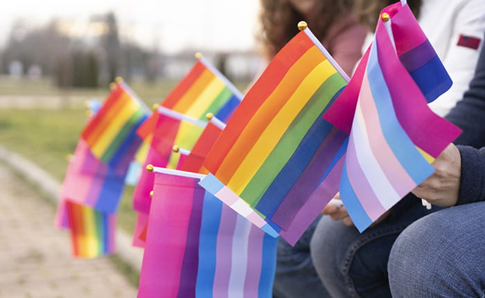 An array of rainbow and trans (blue, pink and white) flags held in the hands of blurry people