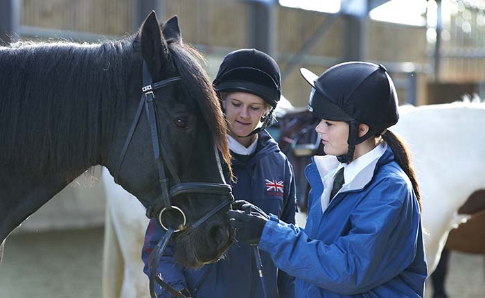Two people in a riding arena, wearing riding hats and handling a horse