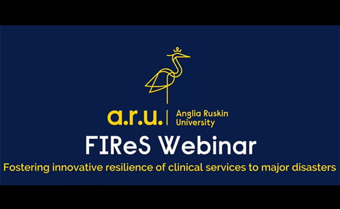Dark blue video bumper with the ARU logo and words FIReS Webinar: Fostering innovative resilience of clinical services to major disasters