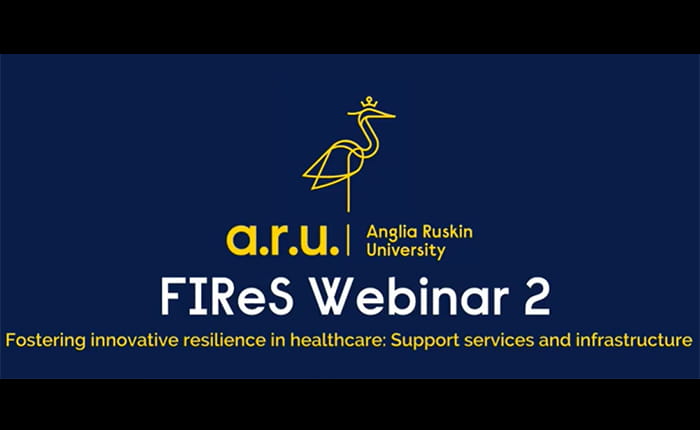 Dark blue video bumper with the ARU logo and words FIReS Webinar: Fostering innovative resilience in healthcare: Support services and infrastructure