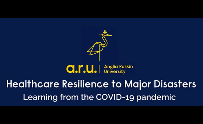 Dark blue video bumper with the ARU logo and words Healthcare Resilience to Major Disasters: Learning from the COVID-19 pandemic