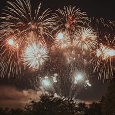 Fireworks going off above a treeline