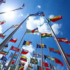 Dozens of international flags fluttering in the breeze