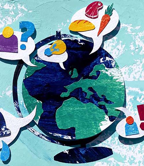 Illustration of globe surrounded by smaller illustrations of food, water and a lightbulb