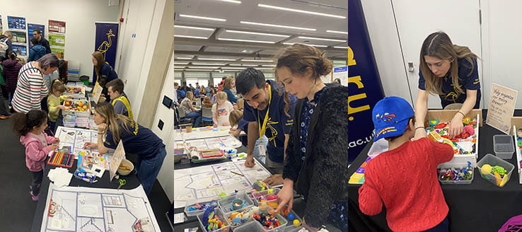 A composite of three photos of members of the ARU Possessions and Hoarding Collective interacting with children and families on a stall at the 2024 Cambridge Festival