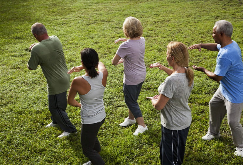 A group of people doing Tai Chi outside on some grass