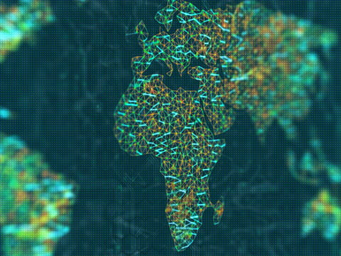A map of the world represented by illuminated digital connections in green and gold, with a focus on Africa