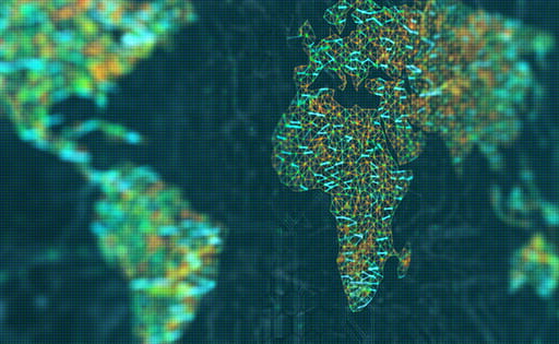 A map of the world represented by illuminated digital connections in green and gold, with a focus on Africa