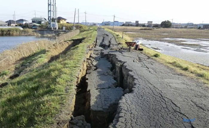 View of a river path damaged by an earthquake in Katori City, Japan, 2011
