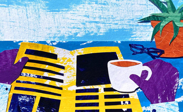 Illustration of someone reading a magazine with a coffee, near a pot plant