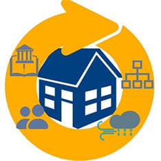 A cartoon image of a house surrounded by icons
