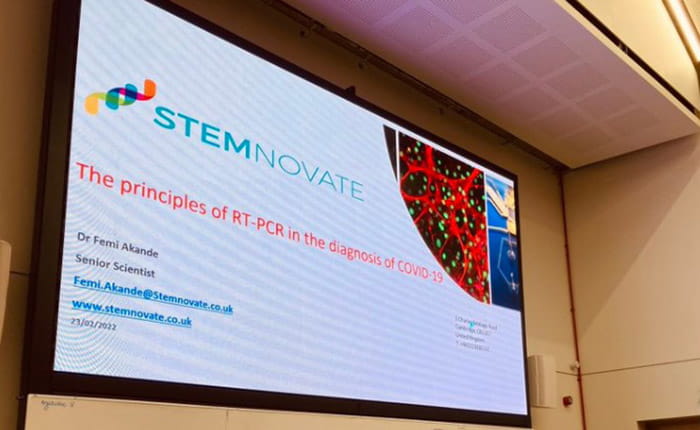 Stemnovate logo projected onto screen in lecture theatre