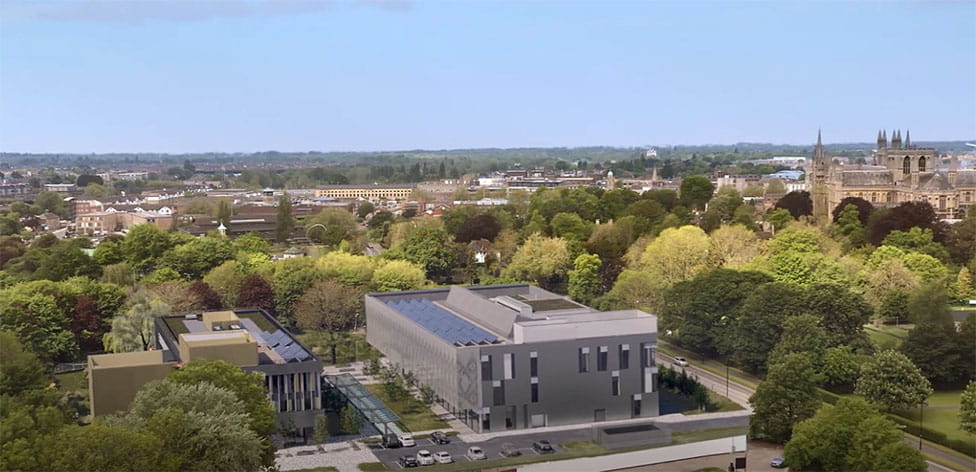 CGI image of the new ARU Peterborough building and its surroundings 