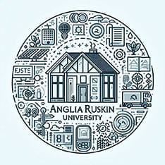 A line drawing of a building with the words "Anglia Ruskin University" under it, surrounded by a variety of indistinct icons
