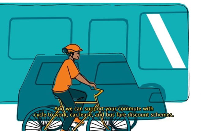Animation still of a cyclist alongside a car and tram