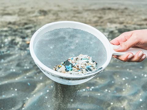 A hand holding a sieve containing microplastics above the sea shore