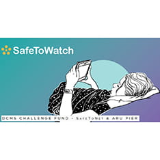 Illustration of a girl lying down looking at a smartphone, with the words SafeToWatch and DCMS Challenge Fund - SafeToNet and ARU PIER