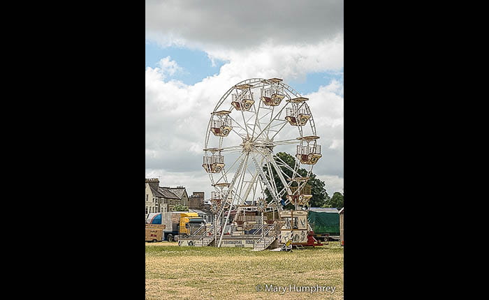 A ferris wheel in a field surrounded by trucks and trailers, and houses in the background