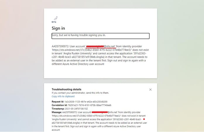 Screenshot of sign in problems error screen
