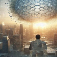 A sci-fi fantasy style image of a person on a tall building looking at a circular structure in the sky