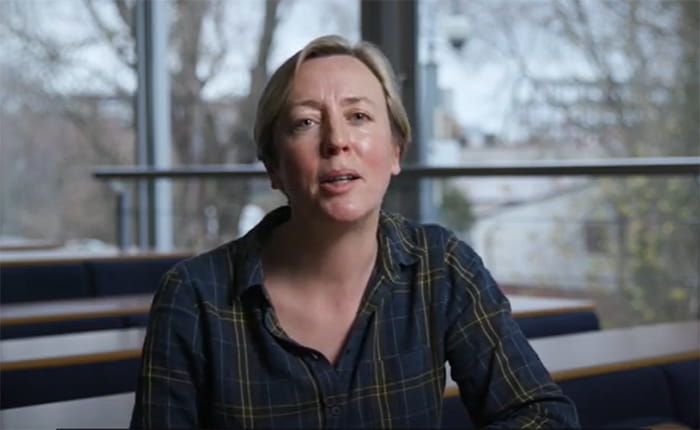 Video still of Deputy Head of School for Social Work Jenny Rafter addressing the camera