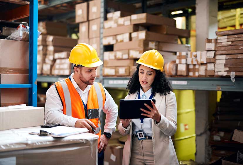 A man in hi viz and a hard hat and a woman in a suit and hard hat looking at a tablet in a warehouse