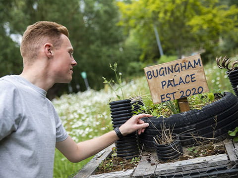 A student looking at bug hotel, Bugingham Palace, on ARU's Chelmsford campus