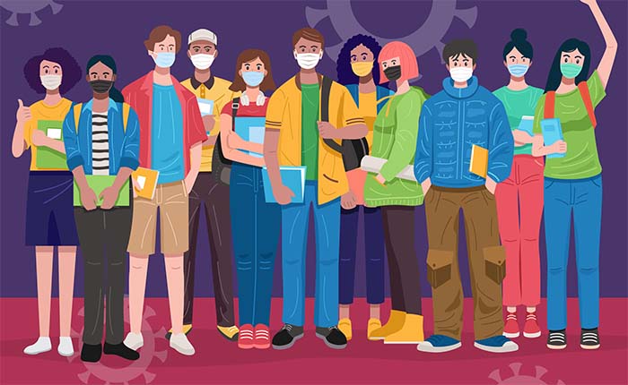 Illustration of a group of young people wearing face masks