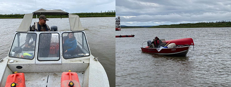 Composite image of Tsee' team by Cheryl Greenland, with Doug Esagok and Angela Koe in a boat on the left, and Frank Smith in a boat on the right