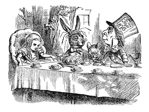 Illustration from Alice's Adventures in Wonderland showing Alice, the White Rabbit and the Mad Hatter at a tea party