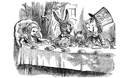 Illustration from Alice's Adventures in Wonderland showing Alice, the White Rabbit and the Mad Hatter at a tea party