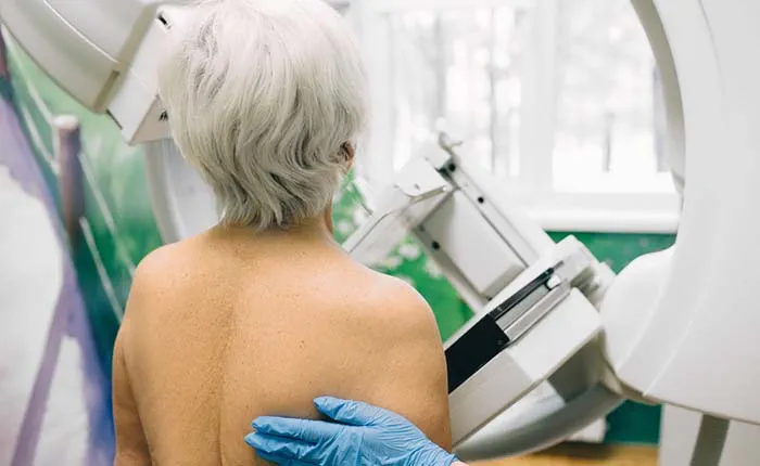 Woman having a mammography scan in hospital