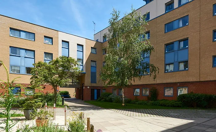 Exterior of Peter Taylor House and its courtyard, Cambridge