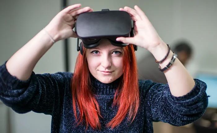 Person wearing a virtual reality headset